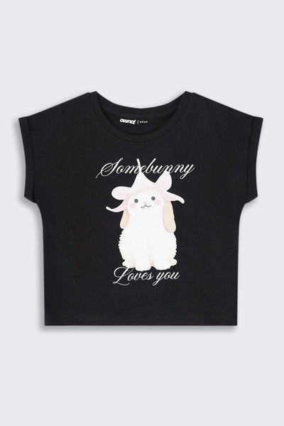 Girls Regular Fit Black Cartoon T-Shirt