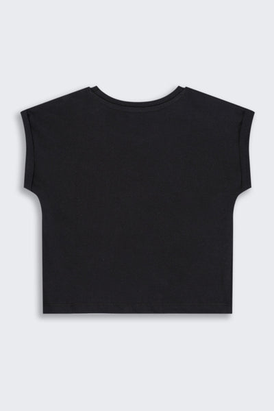 Girls Regular Fit Black Cartoon T-Shirt