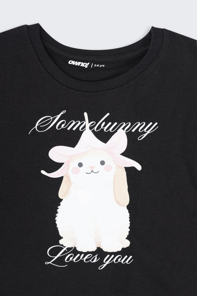 Girls Regular Fit Black Cartoon T-Shirt