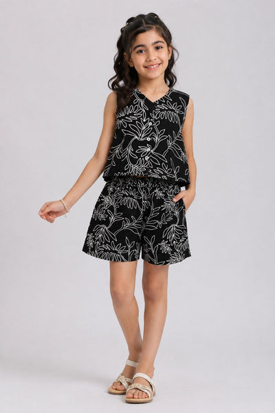 Tweens Girls Regular Fit Black Tropical Co-ord Set