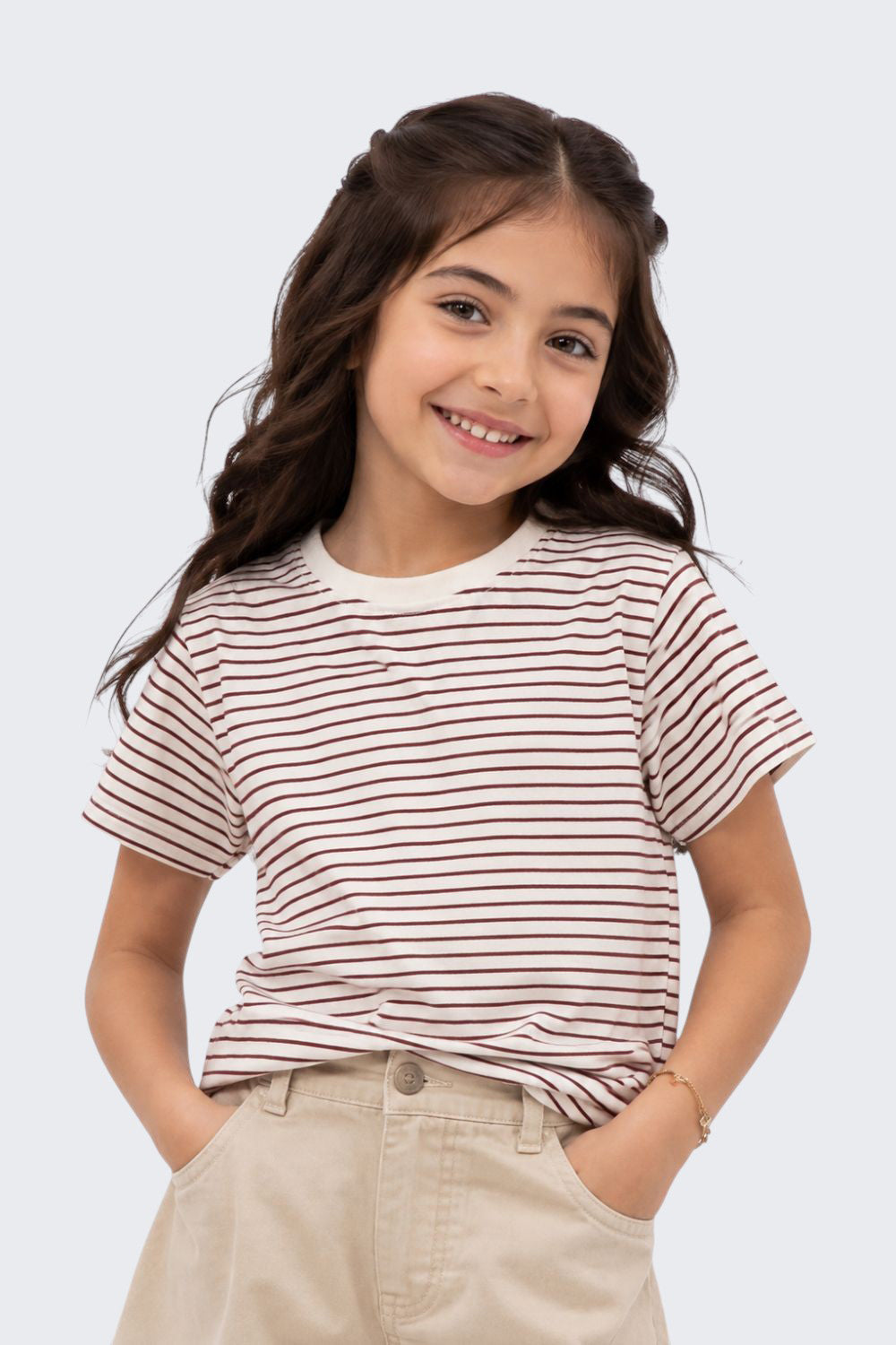 Tweens Girls Regular Fit White Striped T-Shirt