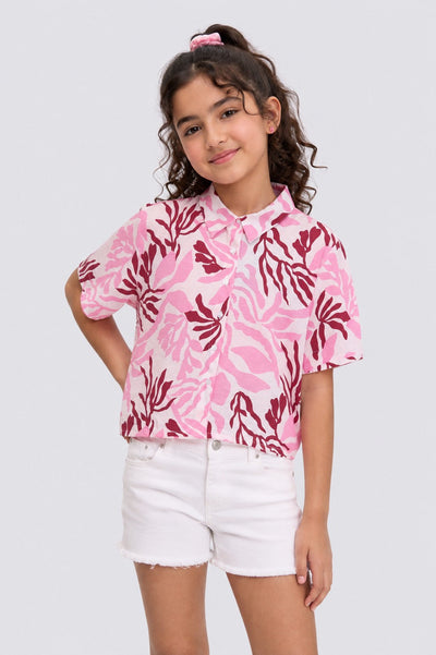 Tweens Girls Boxy Fit Pink Tropical Casual Shirt