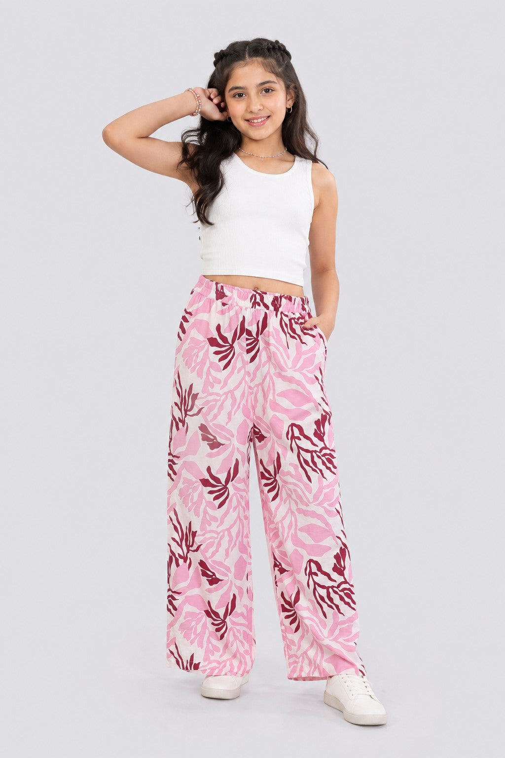 Tweens Girls Wide Leg Pink Printed Pants