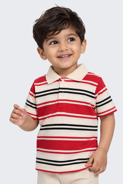 Boys Regular Fit Red Striped T-Shirt