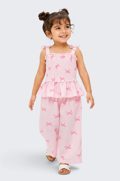 Girls Regular Fit Pink Bow Printed Co-ord Set