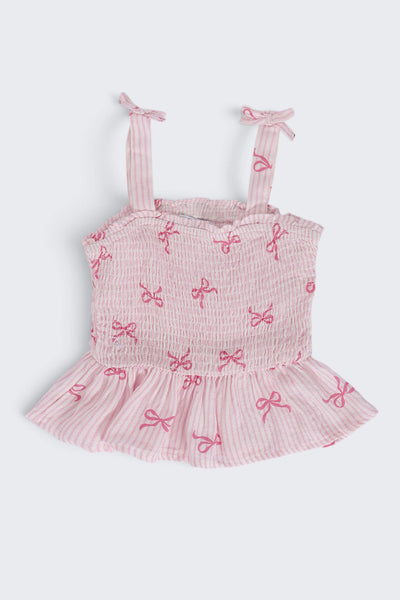 Girls Regular Fit Pink Bow Printed Co-ord Set