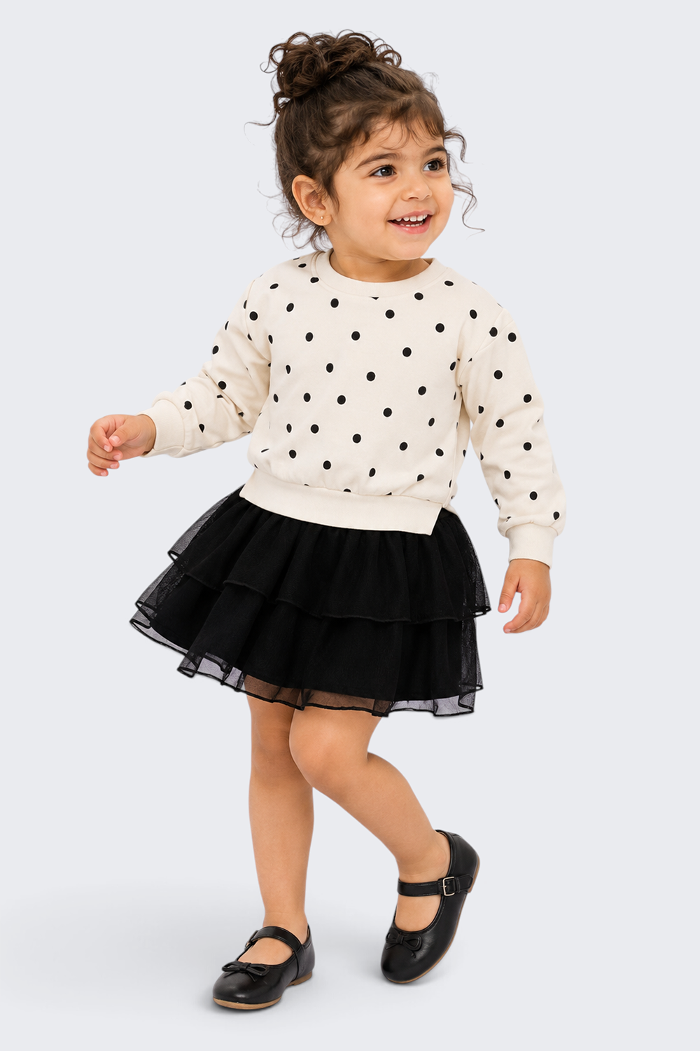 Girls Black Polka Dot Flared Tulle Dress