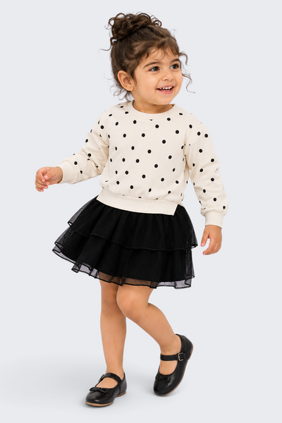 Girls Black Polka Dot Flared Tulle Dress