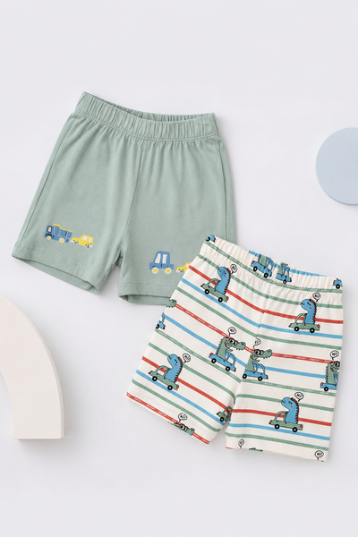 Infant Boys Regular Fit Green Dino Graphic Shorts - Pack of 2