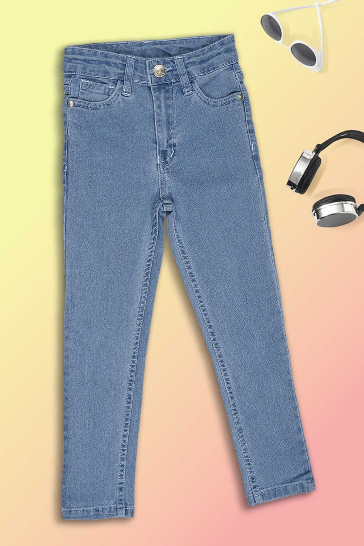 Light Blue Solid Regular Fit Jeans For Girls