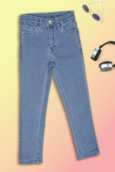 Light Blue Solid Regular Fit Jeans For Girls