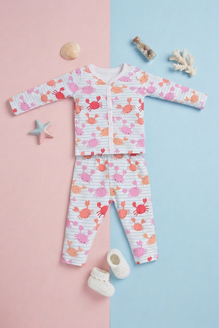 Multi-coloured Crabs Printed Regular Fit Co-ord Set For Infant Girls