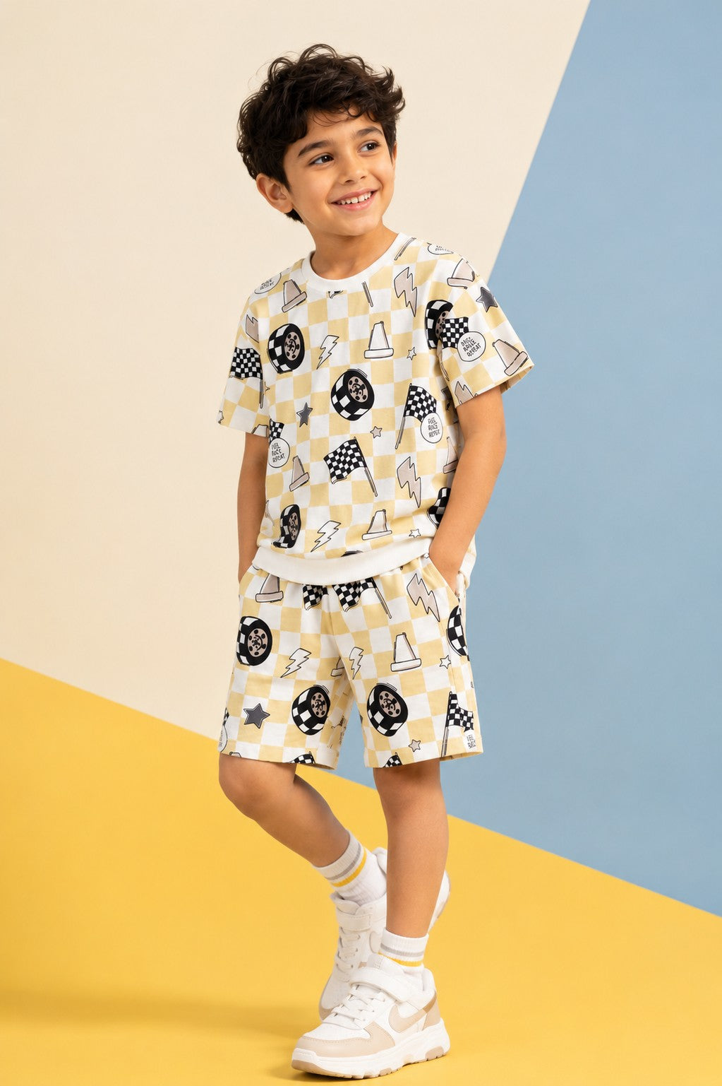 Beige Race Print T-Shirt & Shorts Set