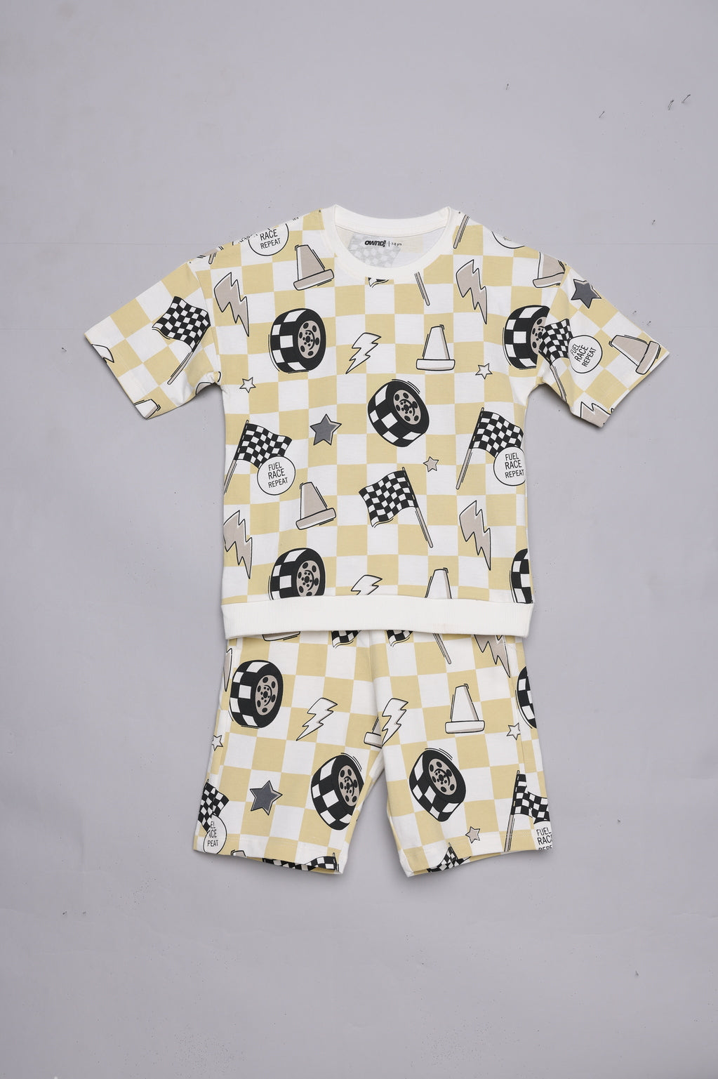 Beige Race Print T-Shirt & Shorts Set