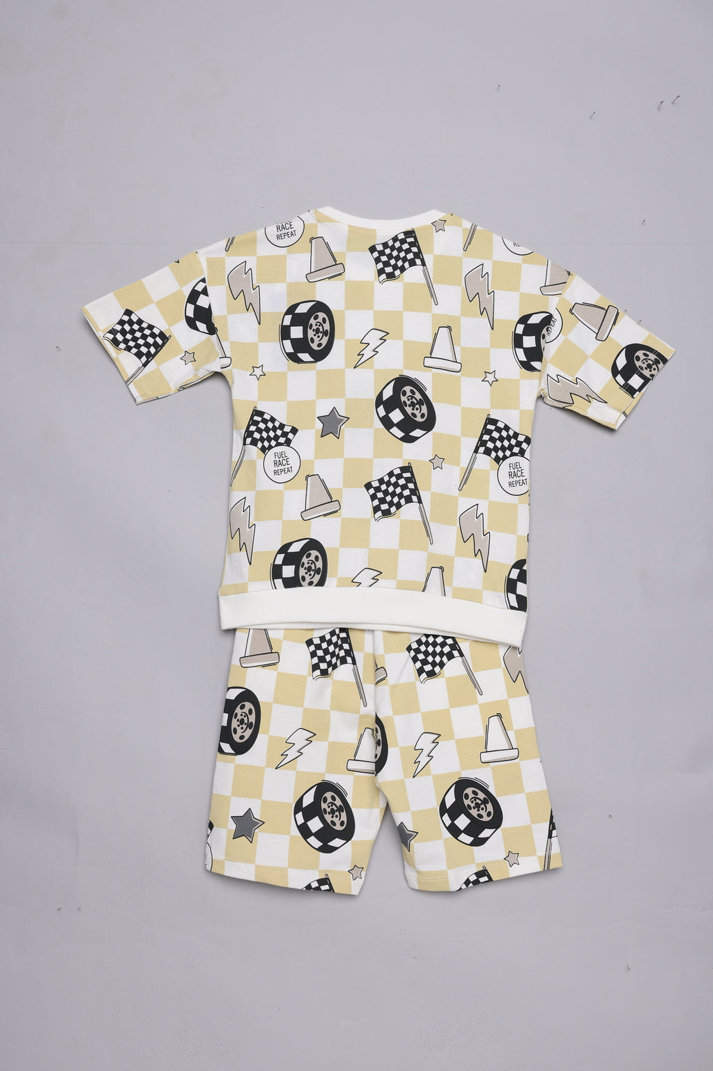 Beige Race Print T-Shirt & Shorts Set