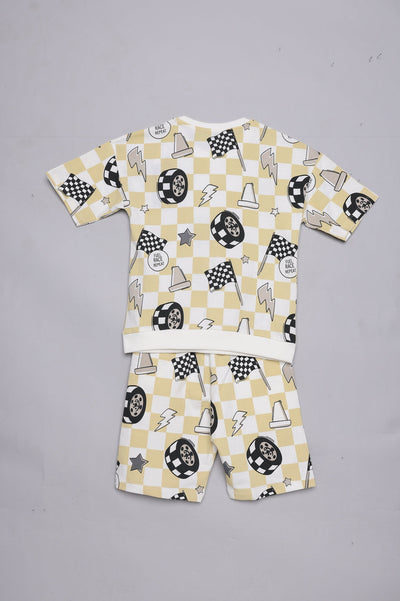 Beige Race Print T-Shirt & Shorts Set