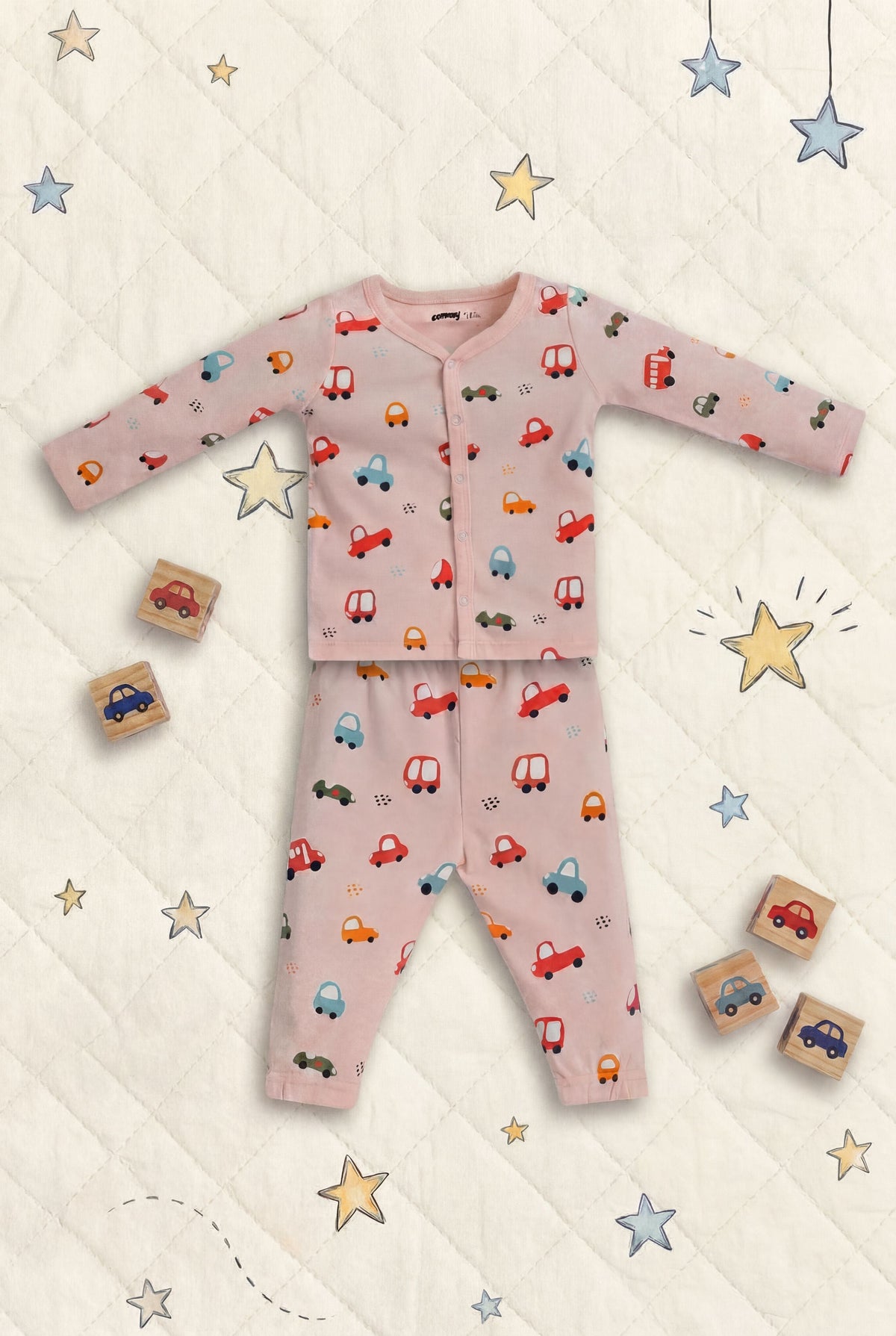 Peach Car Printed Regular Fit Co-ord Set For Infant Boys