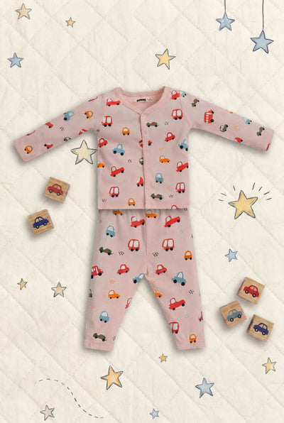 Peach Car Printed Regular Fit Co-ord Set For Infant Boys