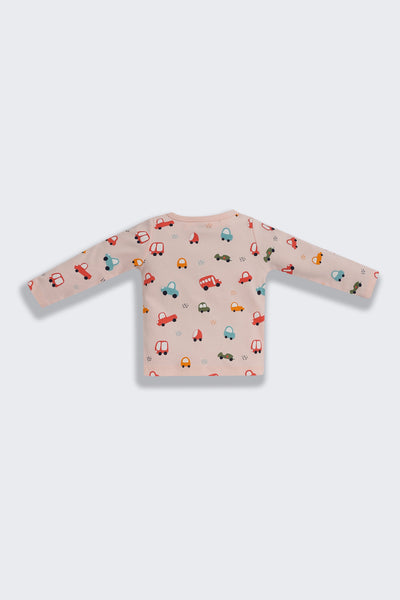 Peach Car Printed Regular Fit Co-ord Set For Infant Boys