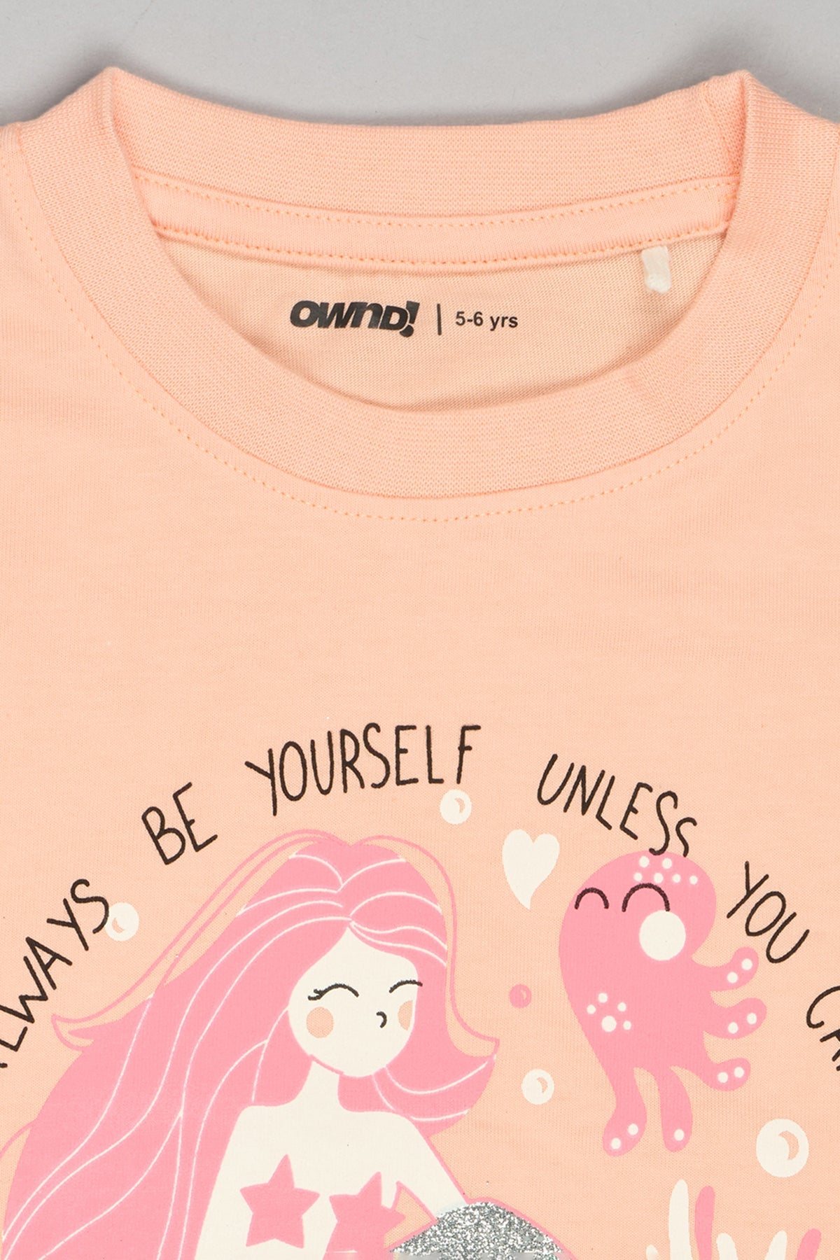 Peach Mermaid Printed Regular Fit T-Shirt For Girls
