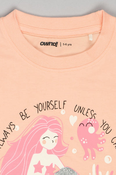 Peach Mermaid Printed Regular Fit T-Shirt For Girls