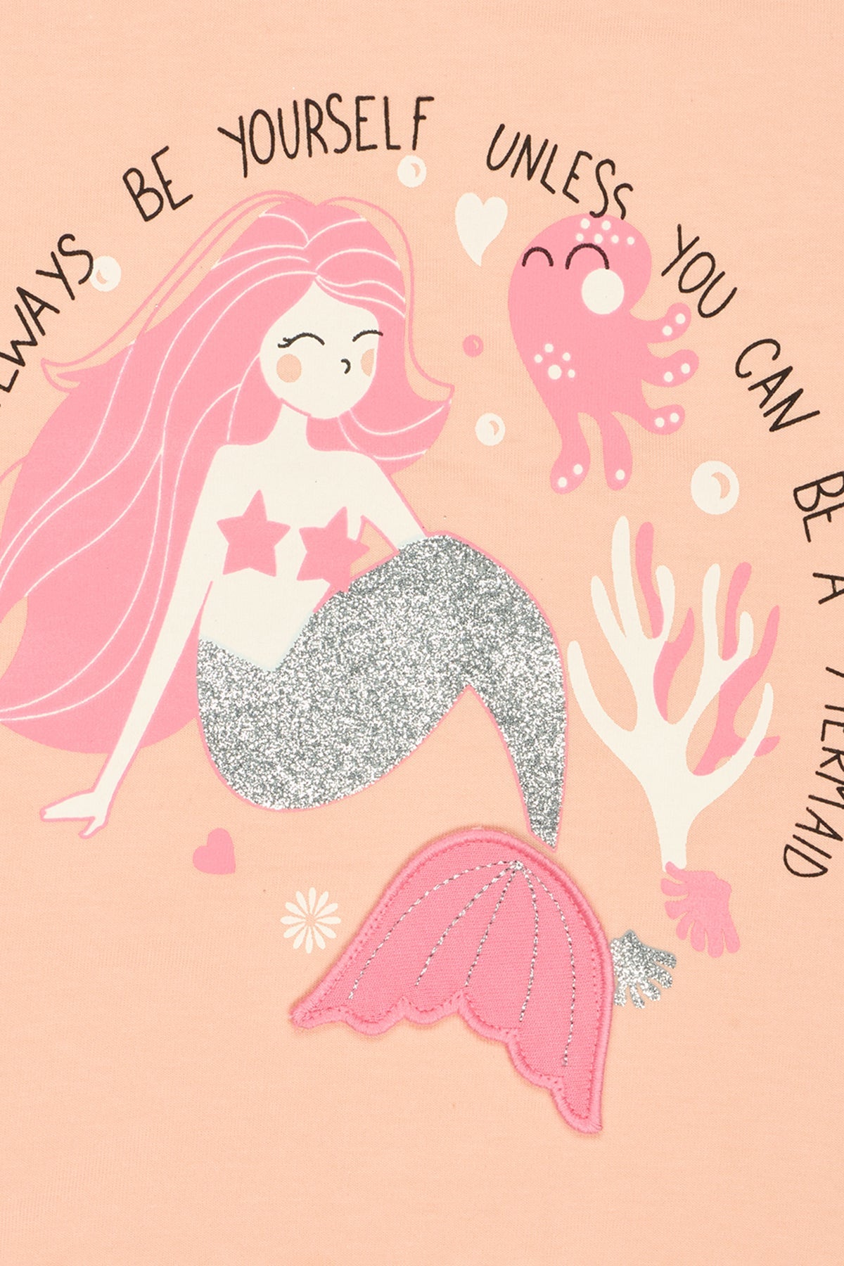 Peach Mermaid Printed Regular Fit T-Shirt For Girls