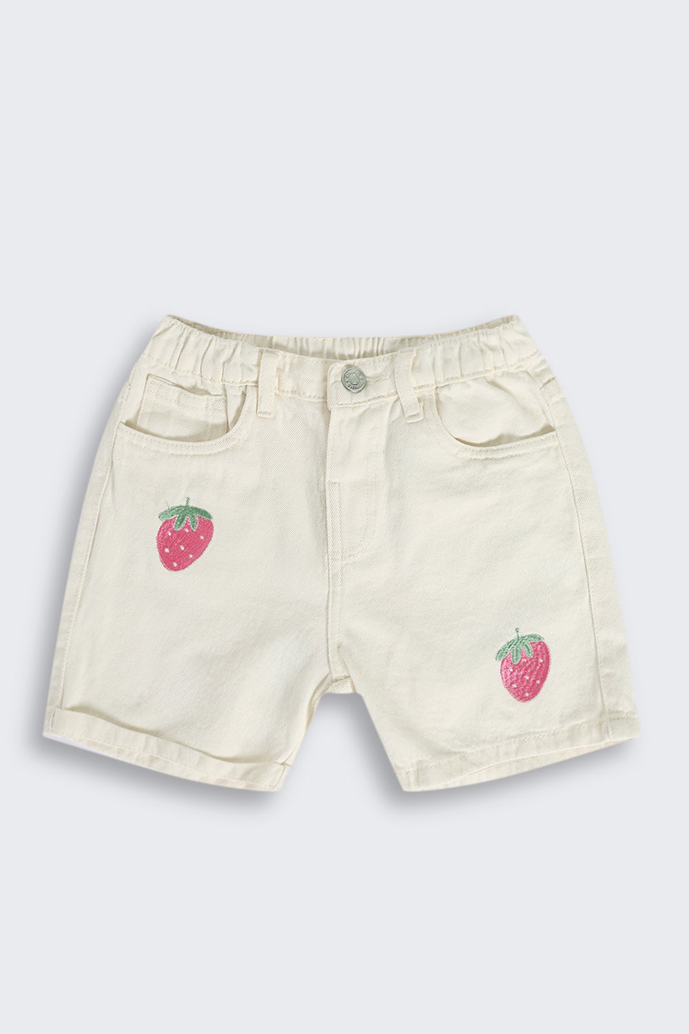 White Strawberry Placement Print Shorts with Four Pockets