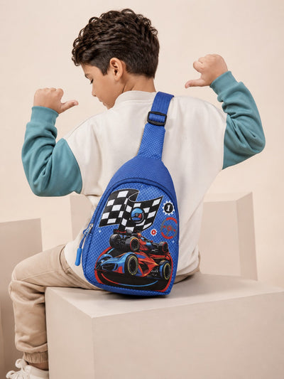 Blue Racing Car Graphic Print Backpack