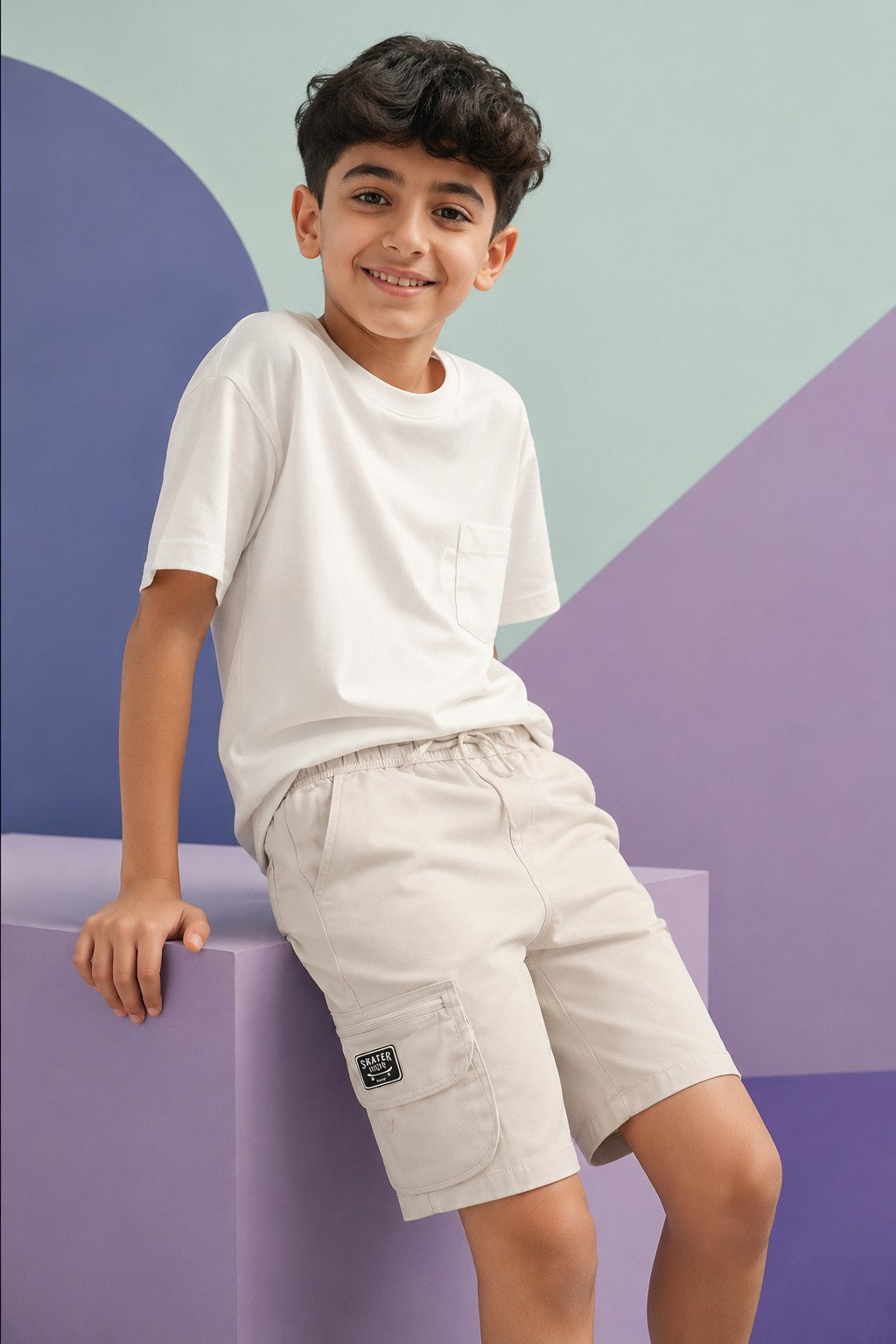 Off White Solid Cargo Shorts with Pockets