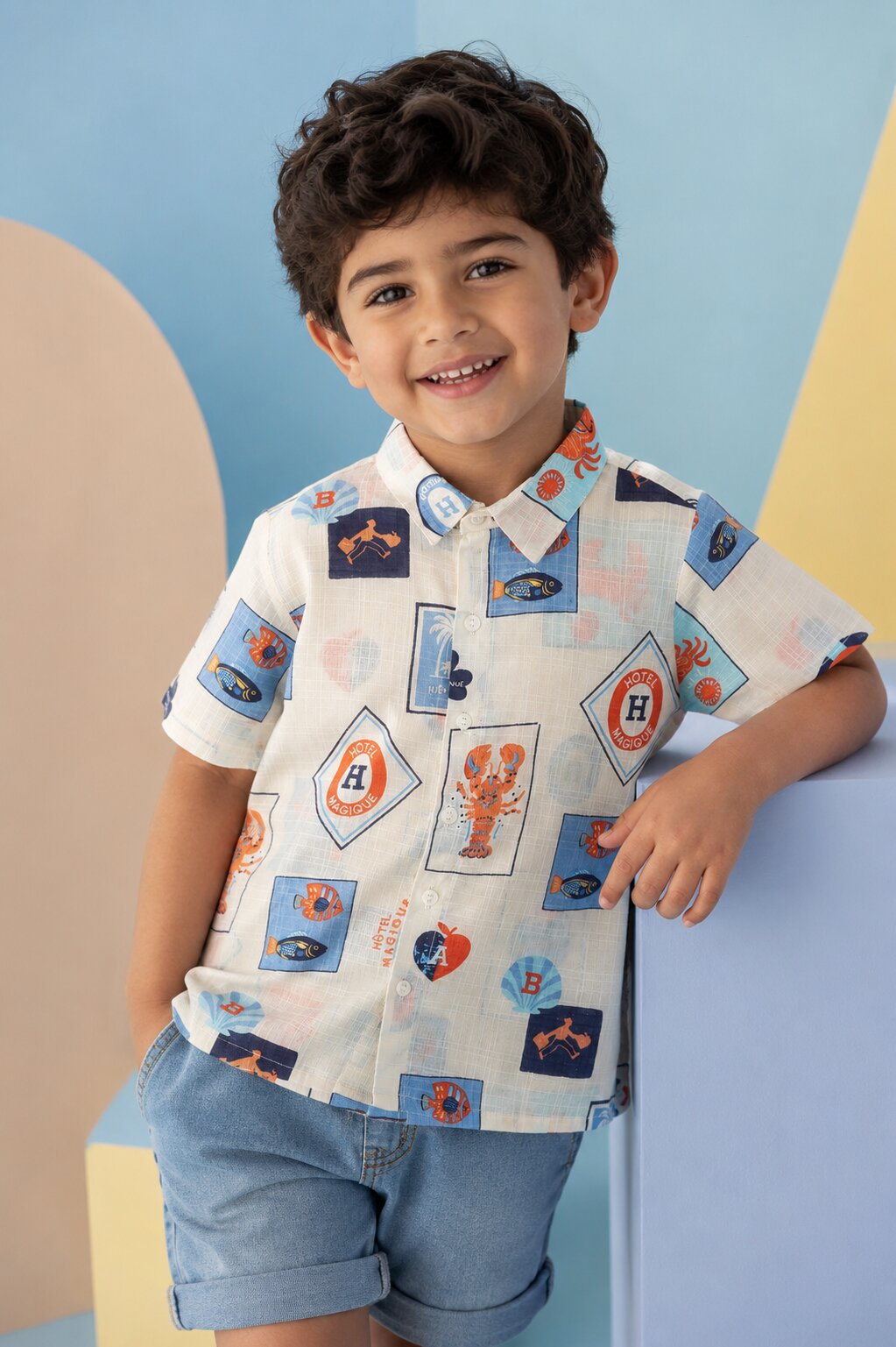 Beige Ocean Print Summer Shirt