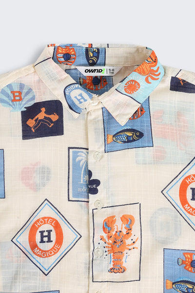 Beige Ocean Print Summer Shirt