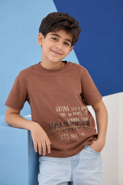 Brown High‑Low Hem Graphic T‑Shirt