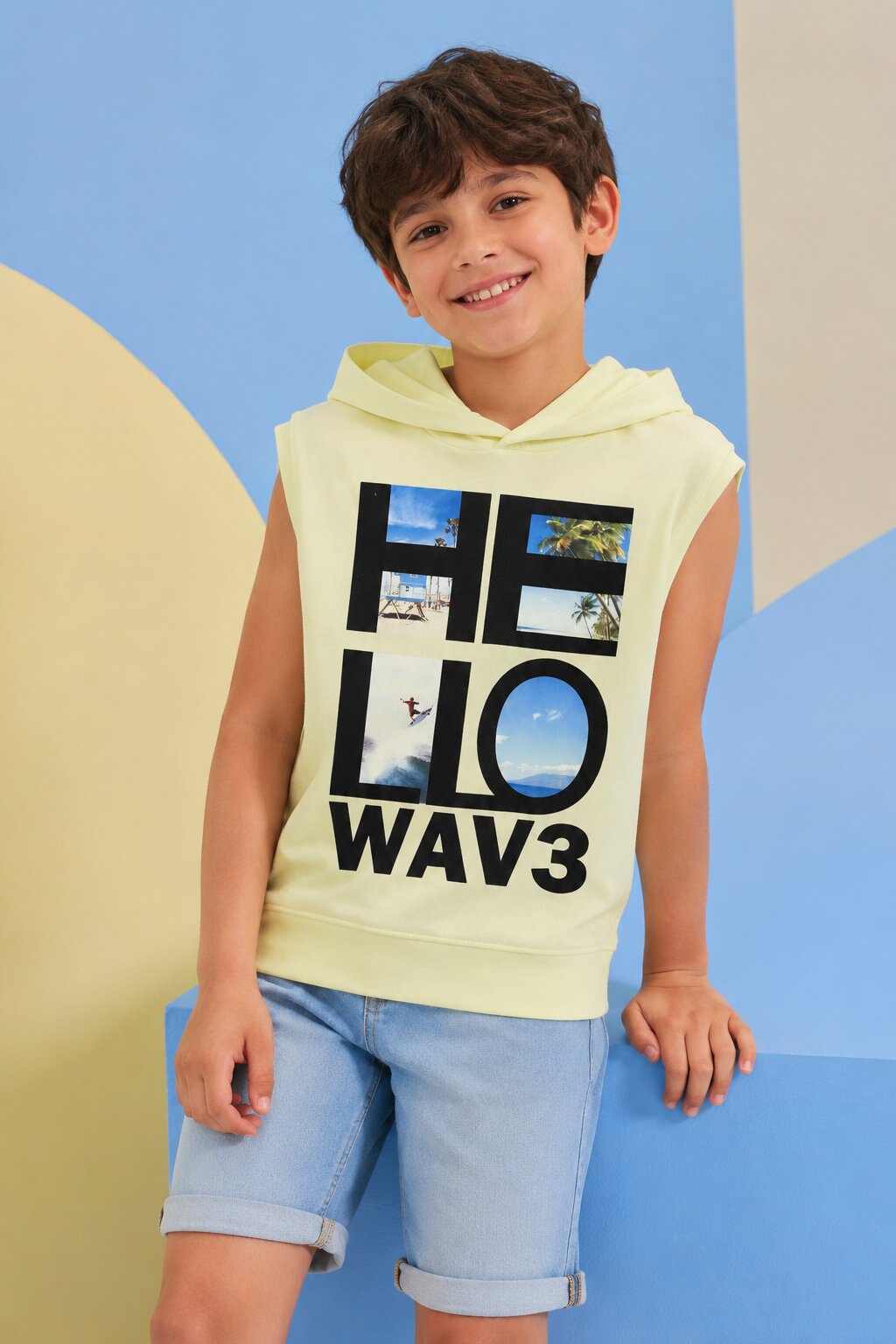 Lime Summer Graphic Sleeveless Hooded T‑Shirt