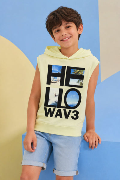 Lime Summer Graphic Sleeveless Hooded T‑Shirt