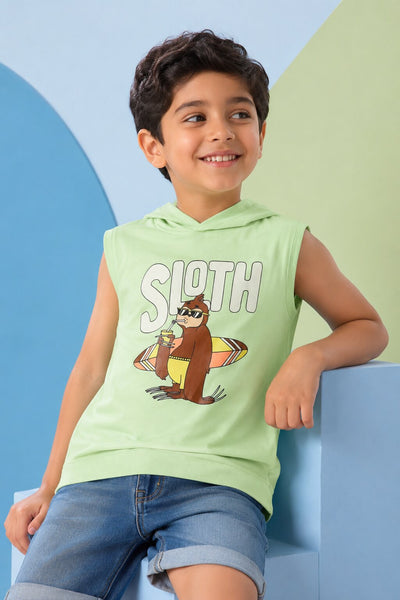 Light Green Surf Graphic Sleeveless Hooded T‑Shirt