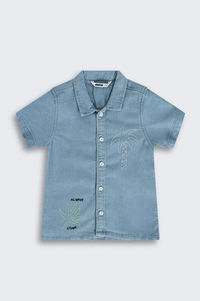 Light Blue Tree Embroidery Denim Shirt & Shorts Set