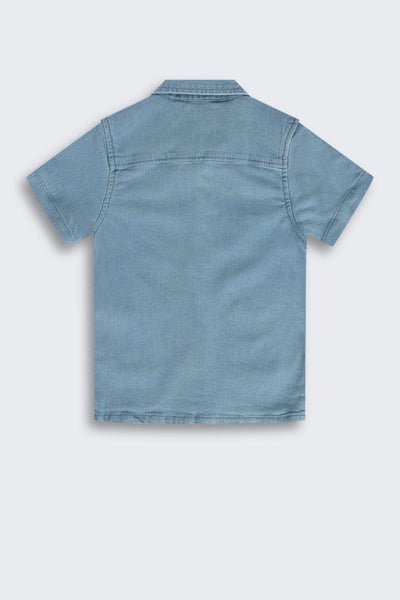 Light Blue Tree Embroidery Denim Shirt & Shorts Set