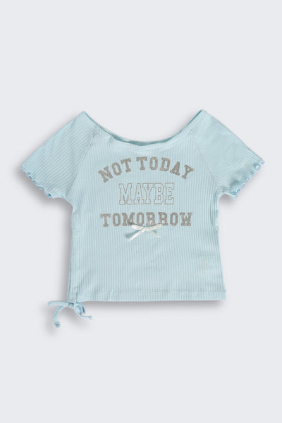 Light Blue Foil Print Side Rouching T-Shirt