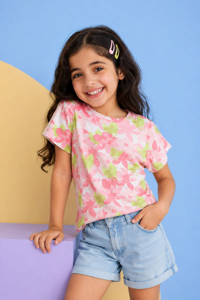 Pink Floral Cotton Regular Fit T-Shirt
