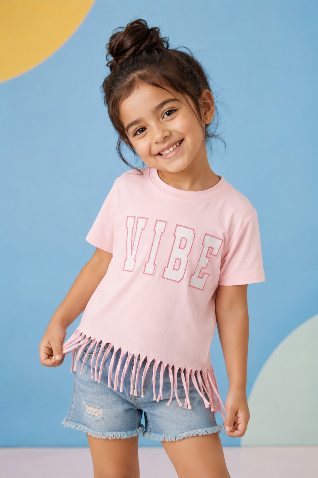 Pink Fringes Placement Printed T-Shirt