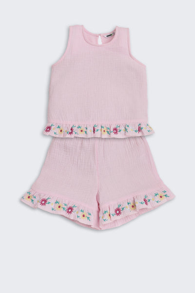 Pink Embroidered Regular Fit Co-ord Set