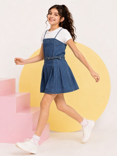 Navy Solid Regular Fit Denim Dress With T-Shirt