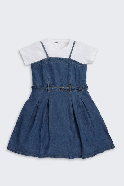 Navy Solid Regular Fit Denim Dress With T-Shirt