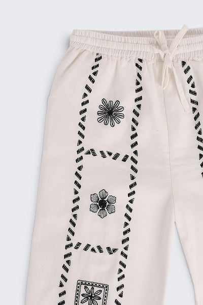Off White Floral Regular Fit Pant