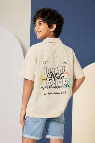 Beige Chest Pocket Style with Ocean Graphic Utility Shirt