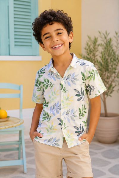 Green Leaf Print Regular Fit Shirt