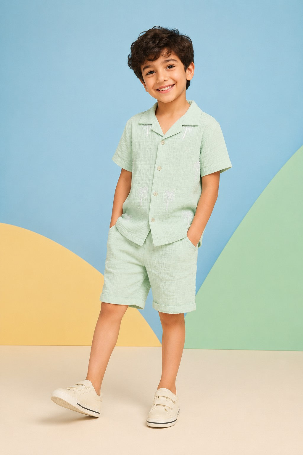 Green Embroidered Cotton Regular Fit Co-ord Set