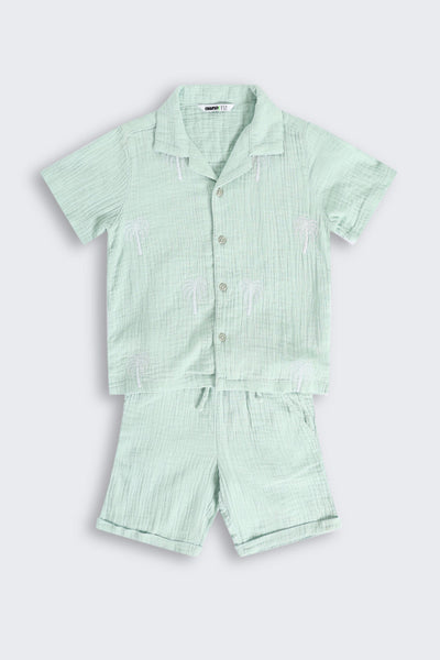 Green Embroidered Cotton Regular Fit Co-ord Set