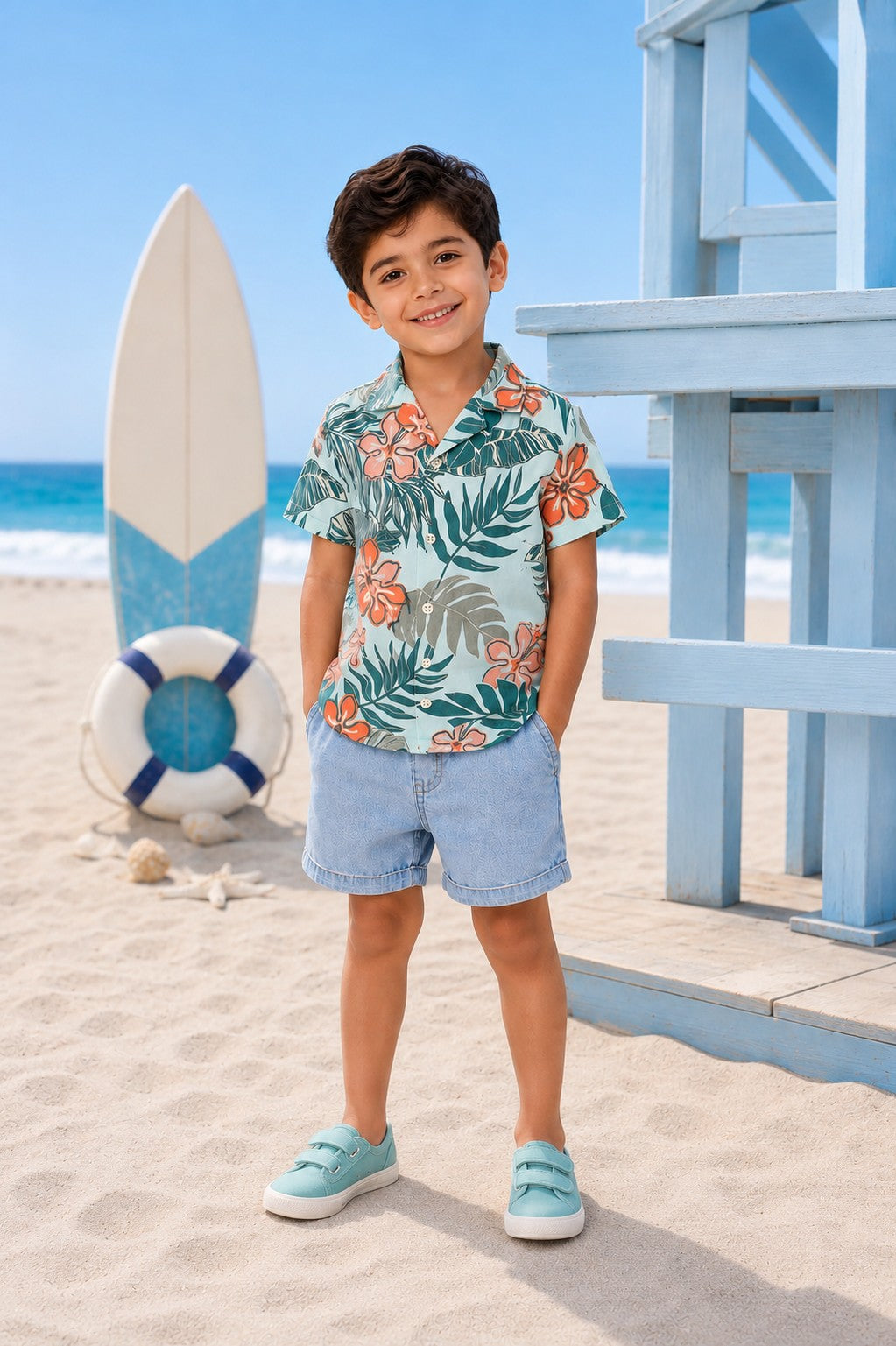 Blue Tropical Cotton Blend Regular Fit Shirt