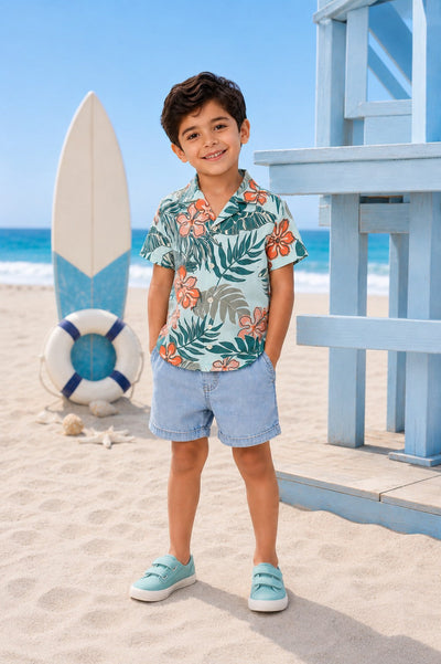 Blue Tropical Cotton Blend Regular Fit Shirt
